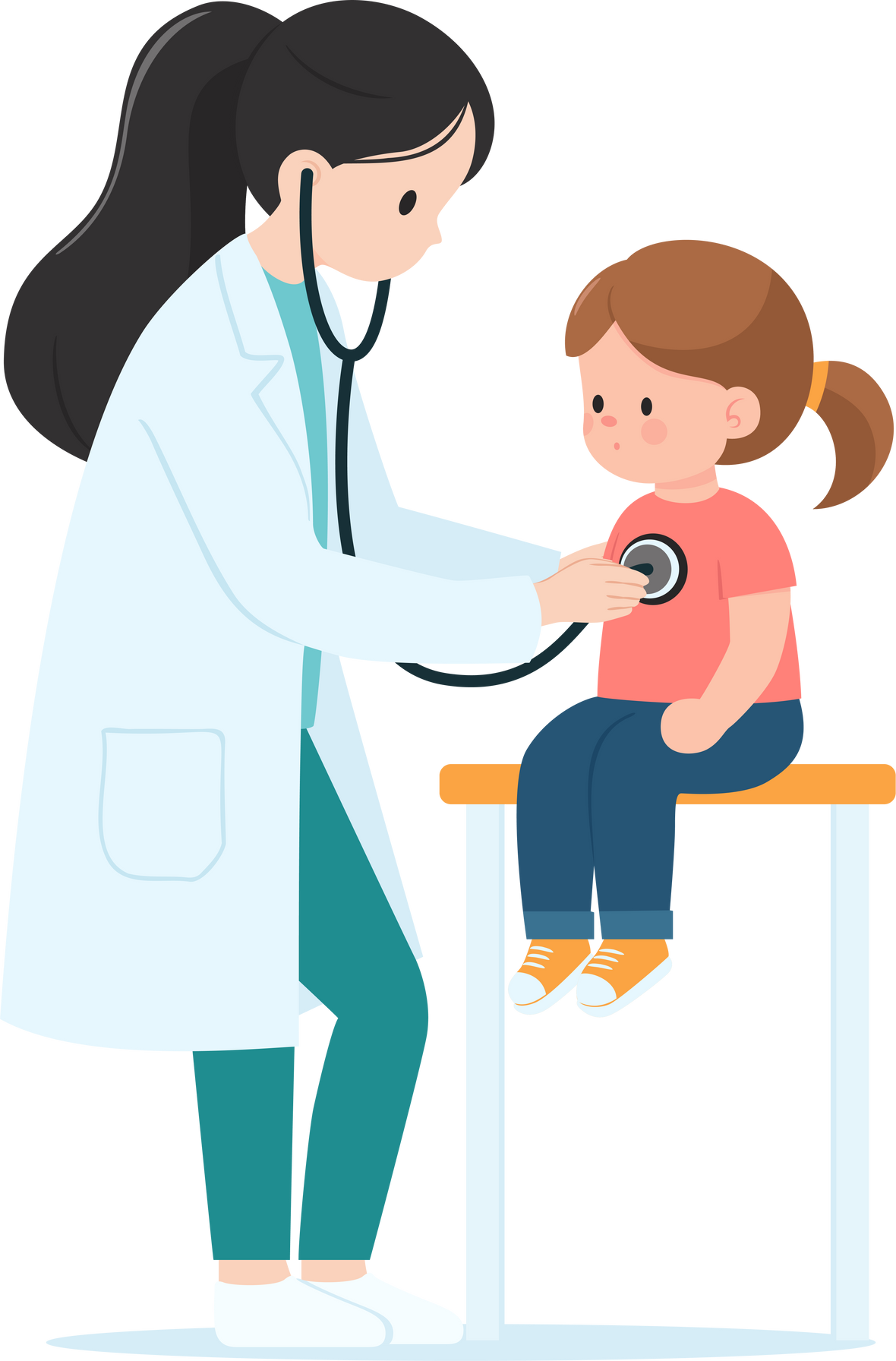 Female doctor examining little girl with stethoscope